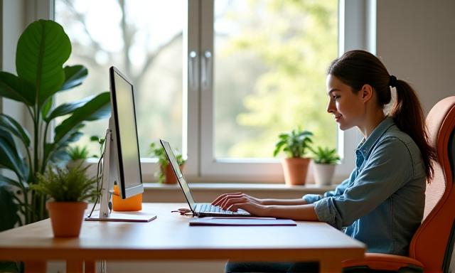Persona trabajando felizmente en un escritorio organizado y verde en casa