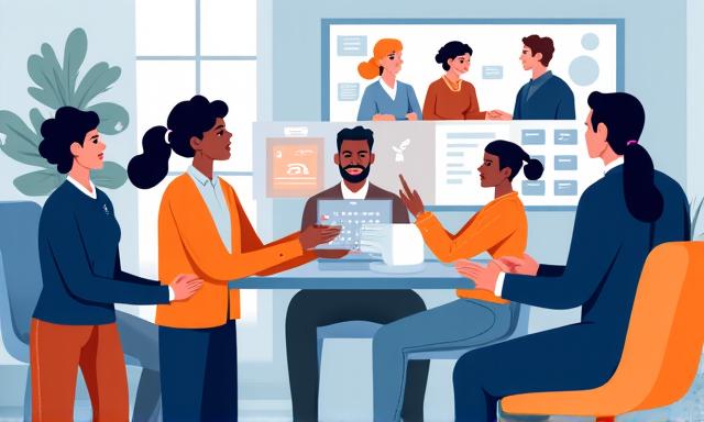 Varias personas conectándose virtualmente y físicamente, representando un modelo de trabajo híbrido