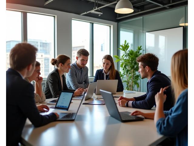 Un grupo de profesionales colaborando en un espacio de trabajo moderno y flexible